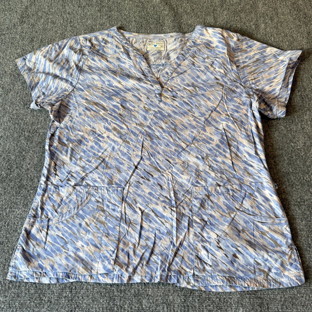 Nurse Mates Blue Grey Abstract Print V-Neck Scrub Top XL NMJADEN
